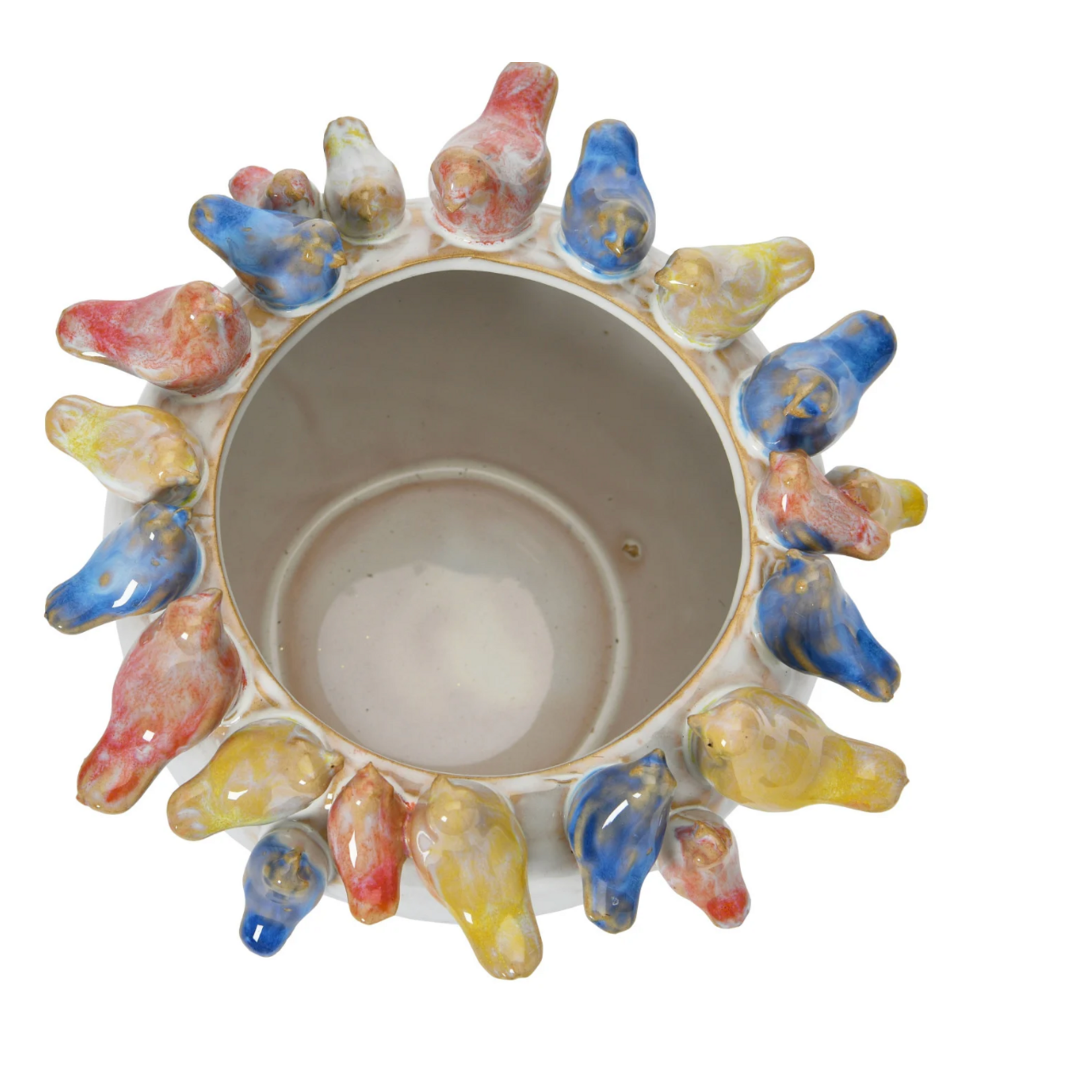 Creative Co-op Stoneware Planter with Birds on Rim, Reactive Glaze