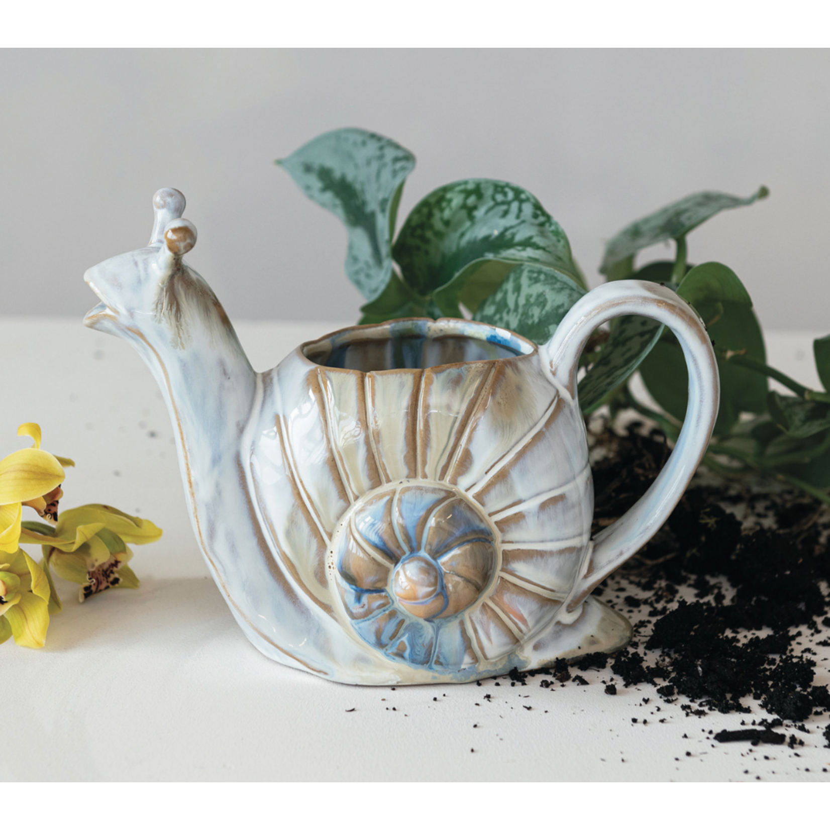 Creative Co-op Stoneware Snail Watering Can 24oz