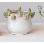 Creative Co-op Stoneware Planter w/ Frogs on Rim, Reactive Glaze, White & Green