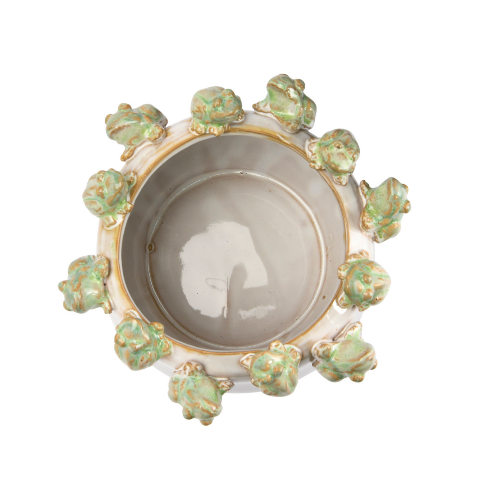 Creative Co-op Stoneware Planter w/ Frogs on Rim, Reactive Glaze, White & Green