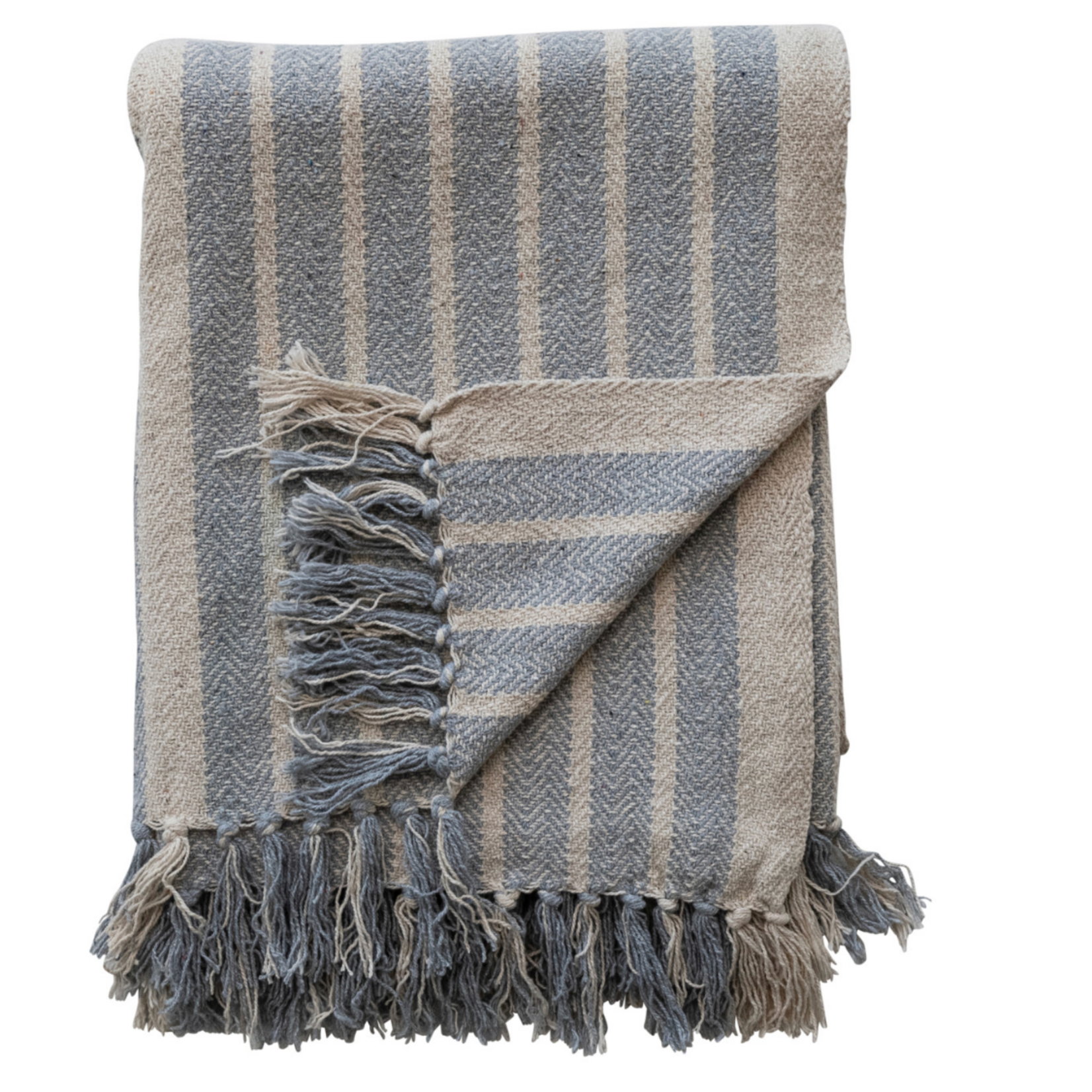 Creative Co-op Woven Recycled Cotton Blend Throw with Stripes & Fringe