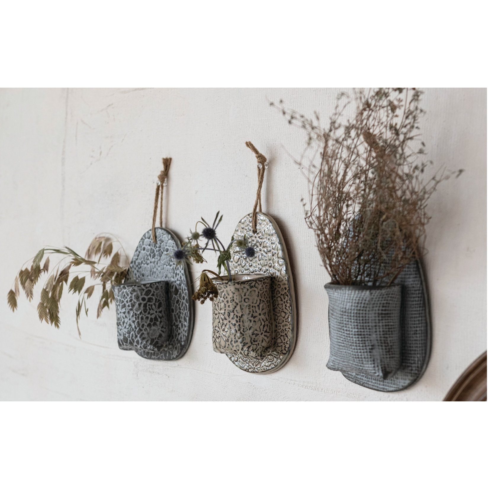 Creative Co-op Stoneware Wall Vase with Embossed Stamp Pattern