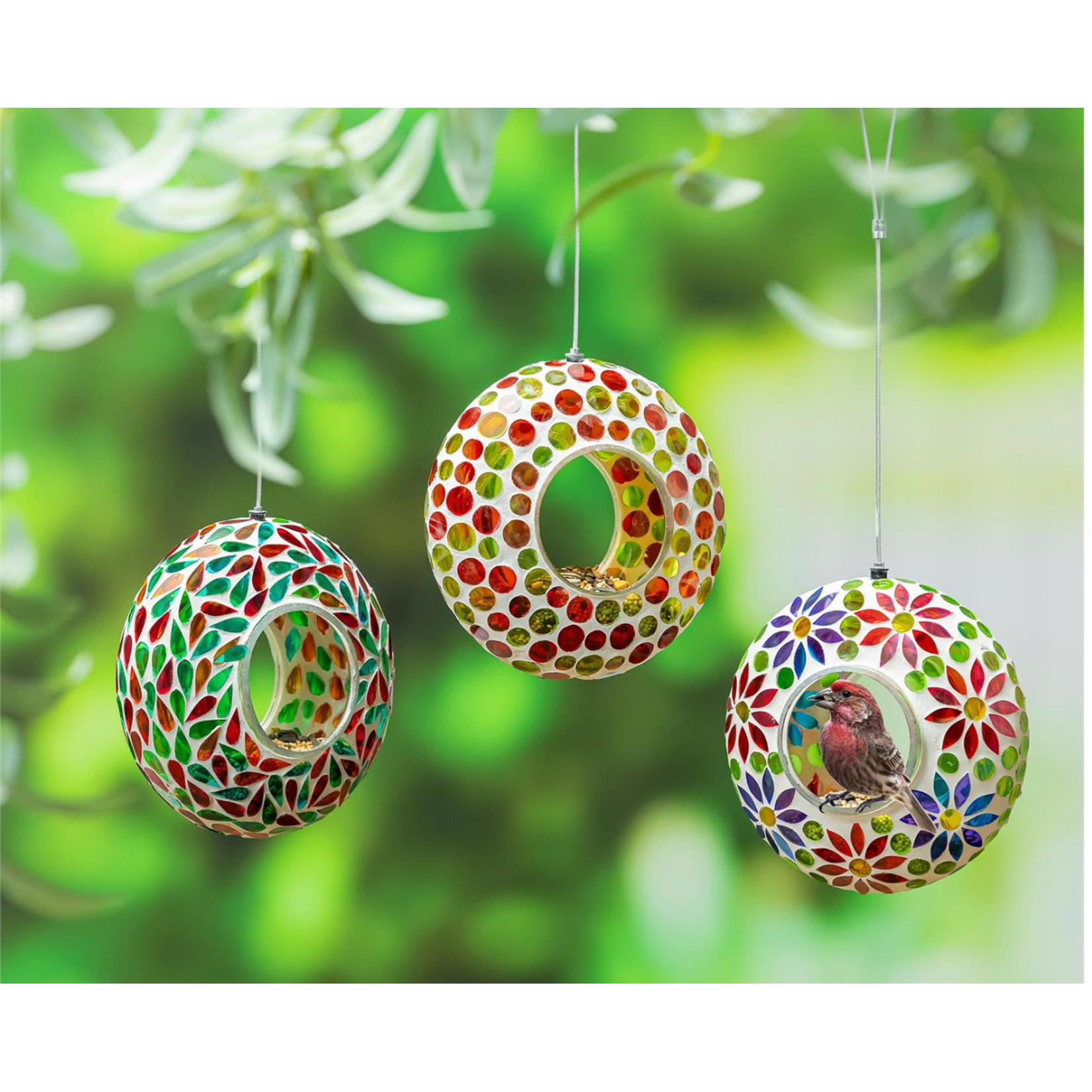 Bird Feeder, Mosaic Glass Fly Through Rainbow Portal, 6" 3 3 3