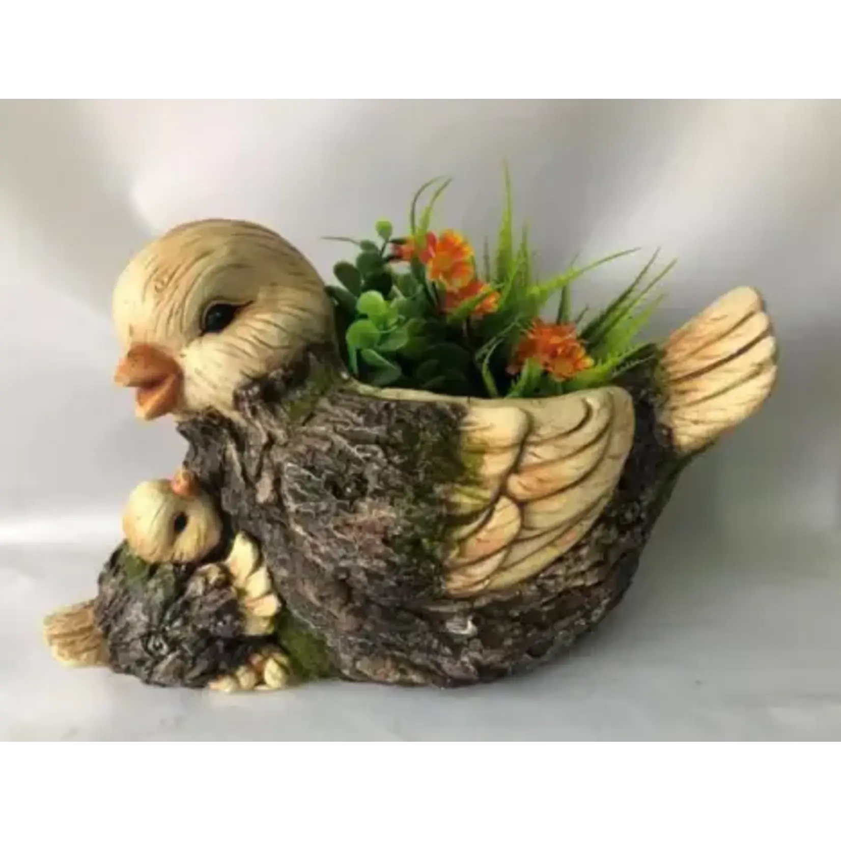 Faux Wood Mama & Baby Bird Planter