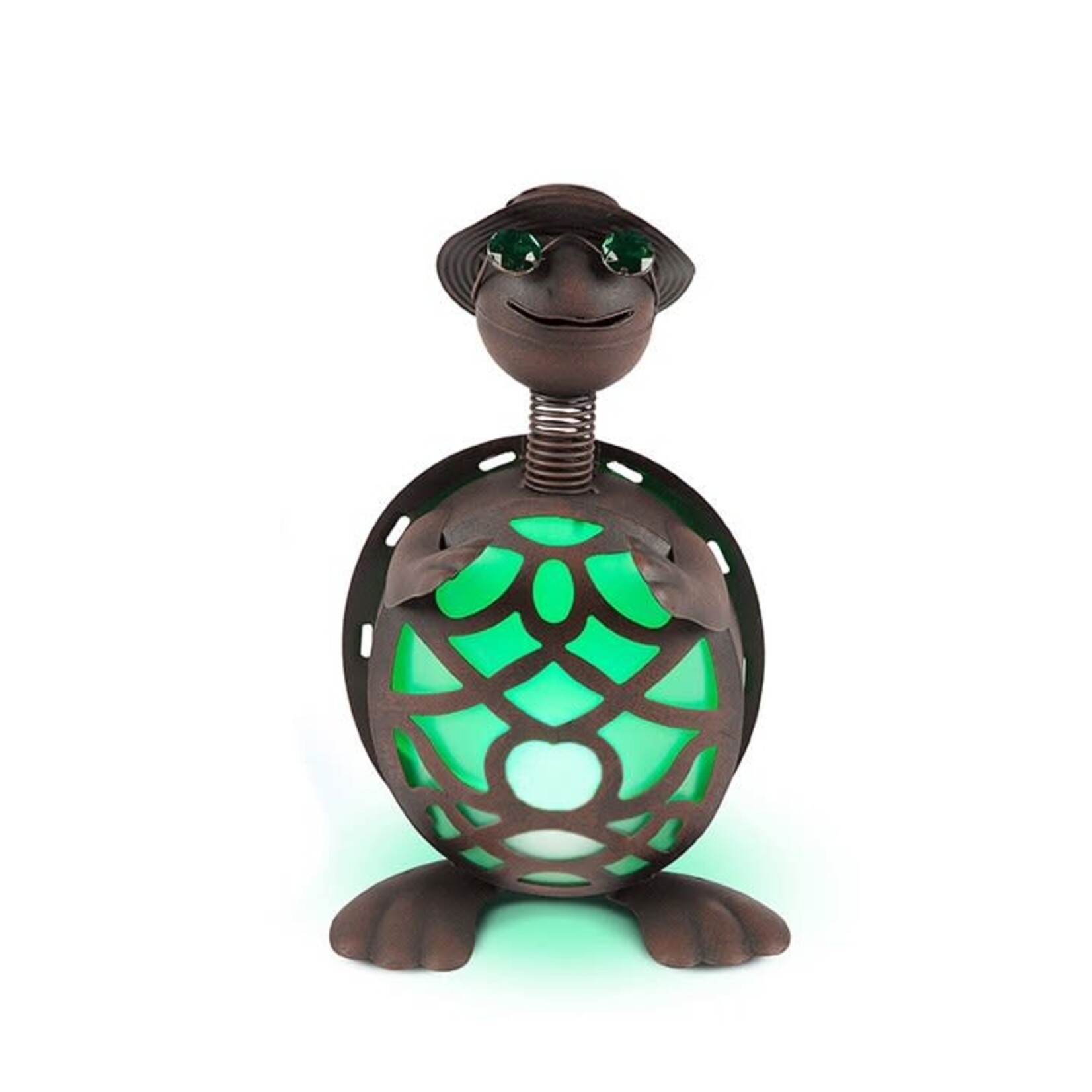 Lighted Solar Metal Turtle with Hat Green
