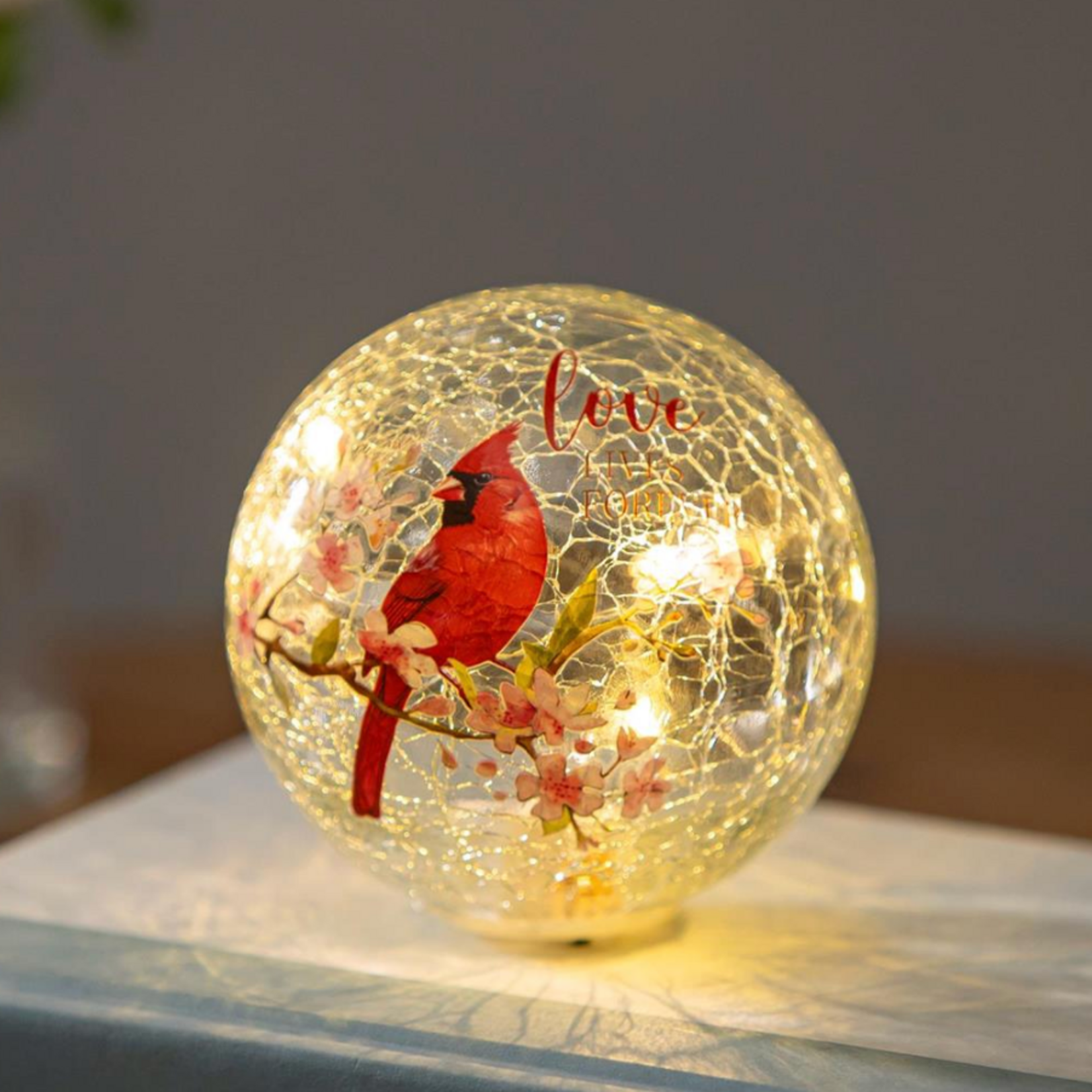 Cardinal "Love Lives Forever" LED Crackled Glass Hand Painted Globe
