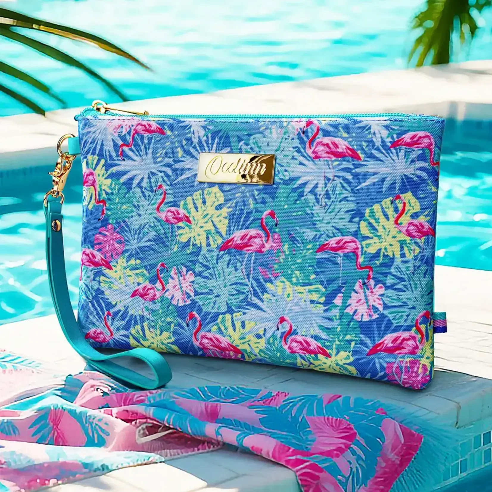 Blue Zip Pouch Wristlet with Hot Pink Flamingos