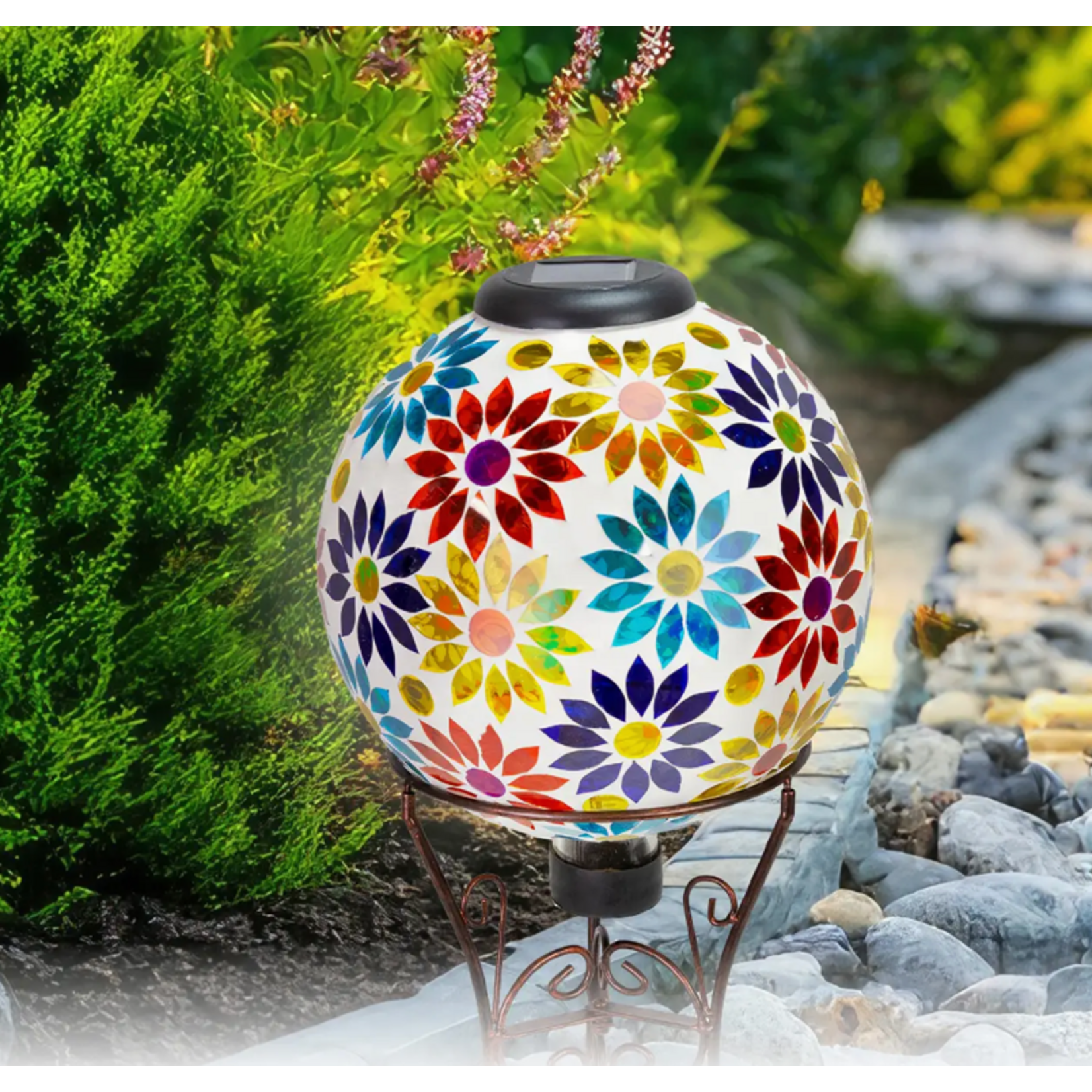 Sunnydaze Midsummer Dahlias Glass Gazing Ball with Solar Light - 10