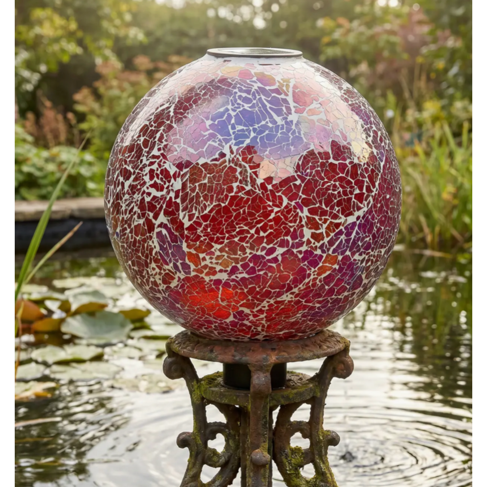 Sunnydaze Pearl Pink Mosaic Gazing Ball with Solar Light - 10 in