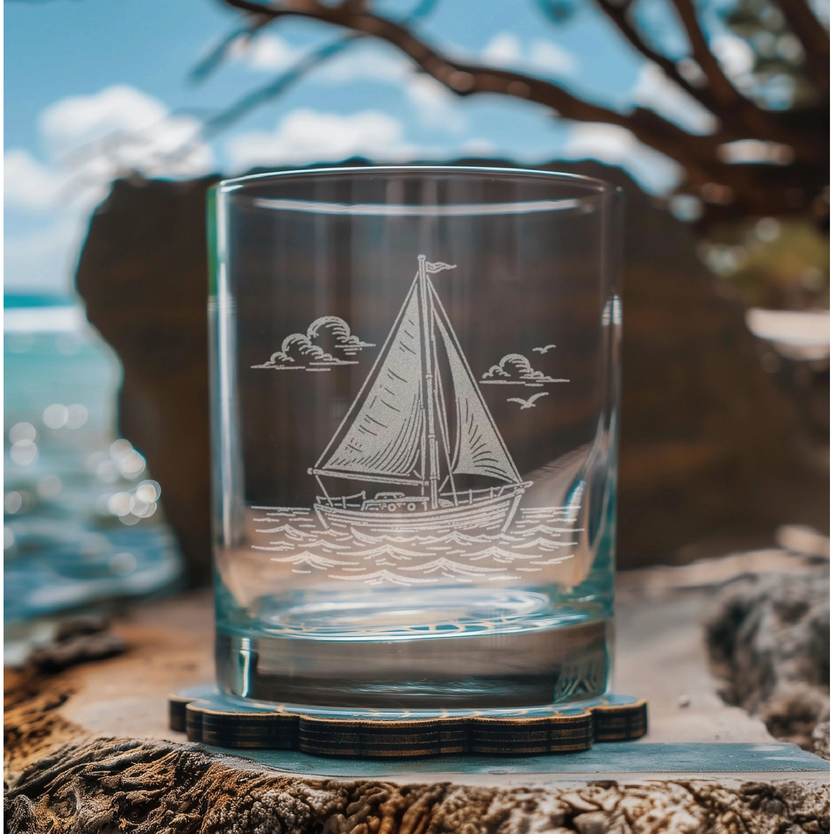 Benoits Sailboat Scene Hand Engraved Glass