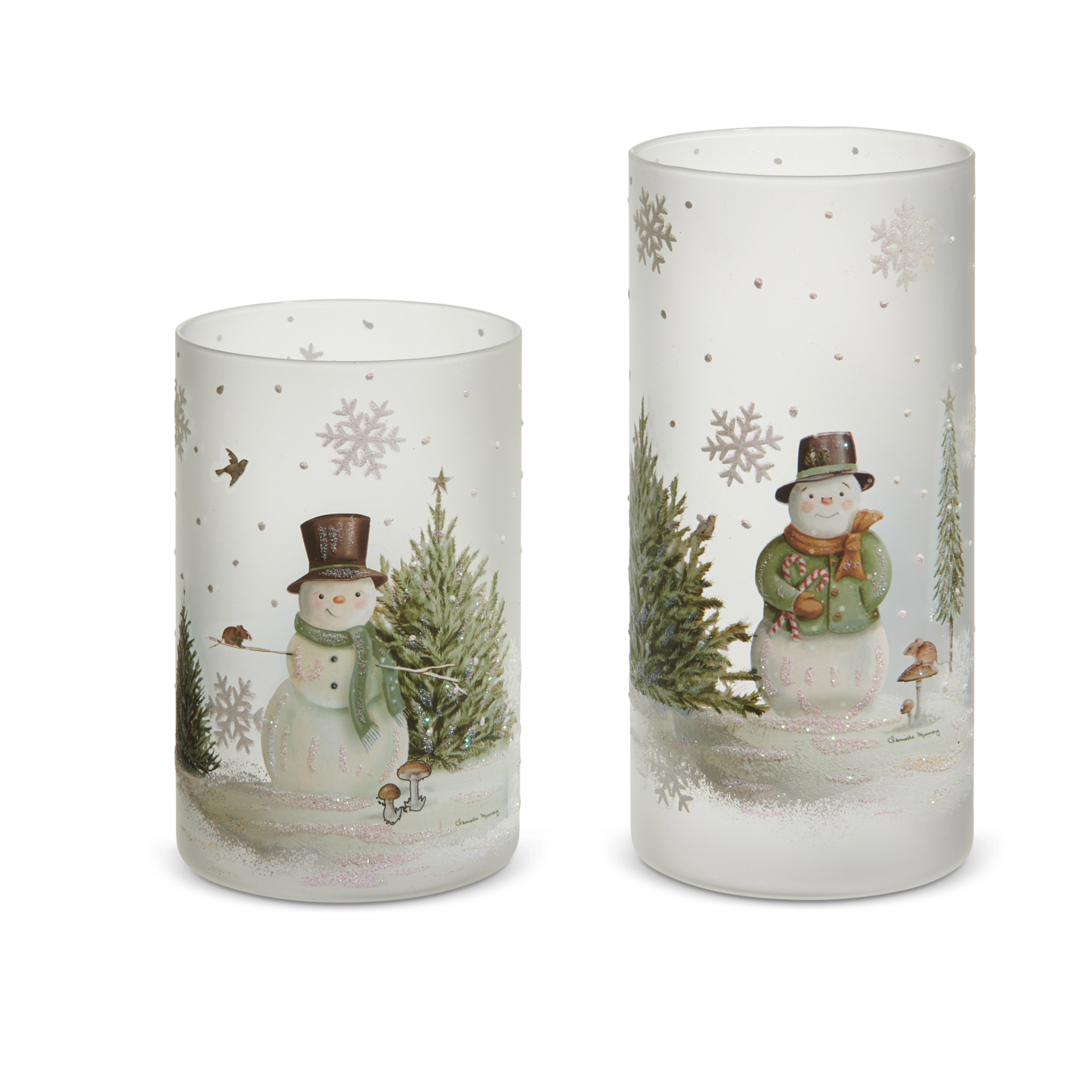 Raz Imports Woodland Snowman Glass Candle Holder Set