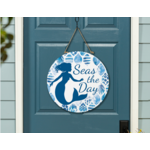 Blue Coastal Coral Sea Wood Door Décor, Mermaid "Seas The Day", 18"