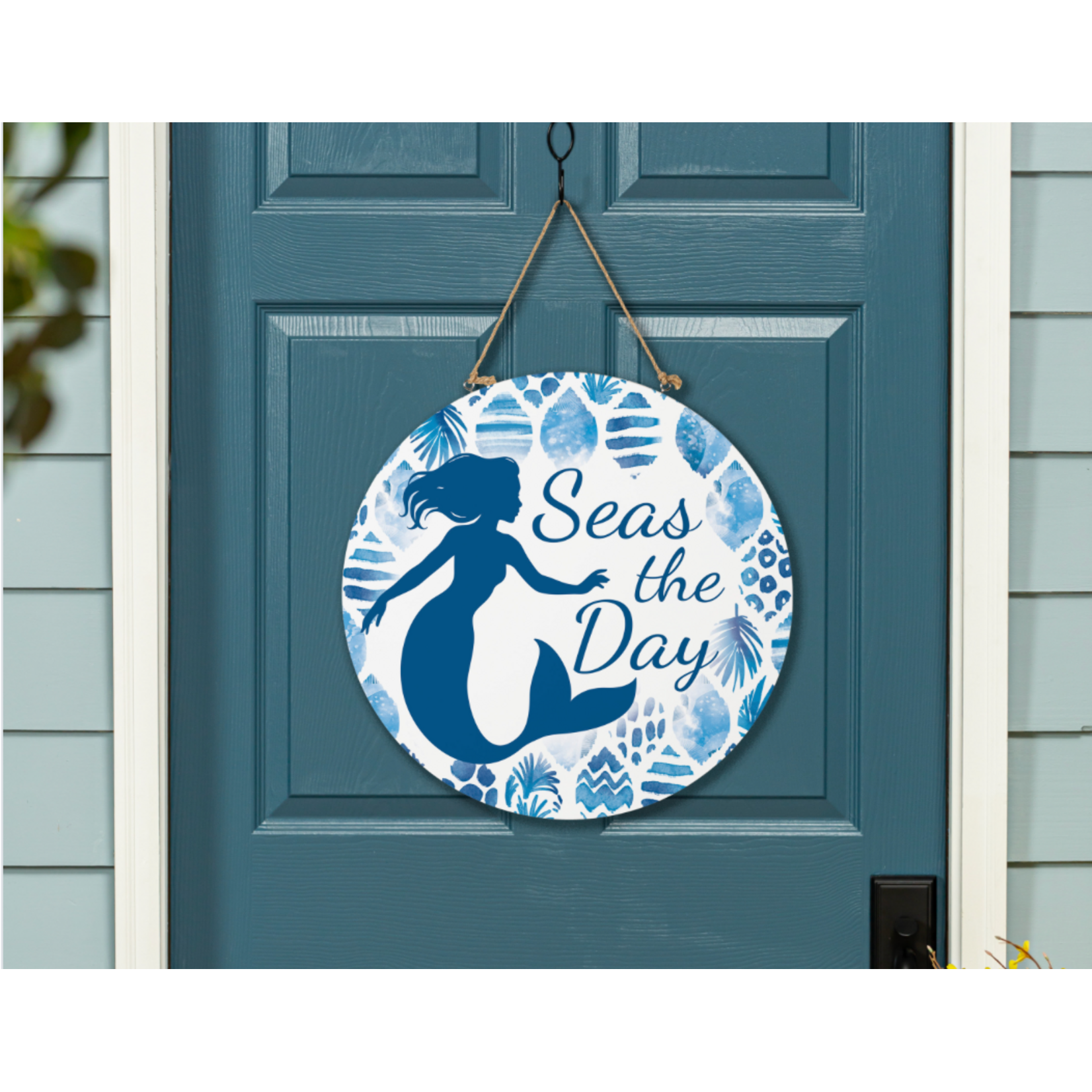 Blue Coastal Coral Sea Wood Door Décor, Mermaid "Seas The Day", 18"