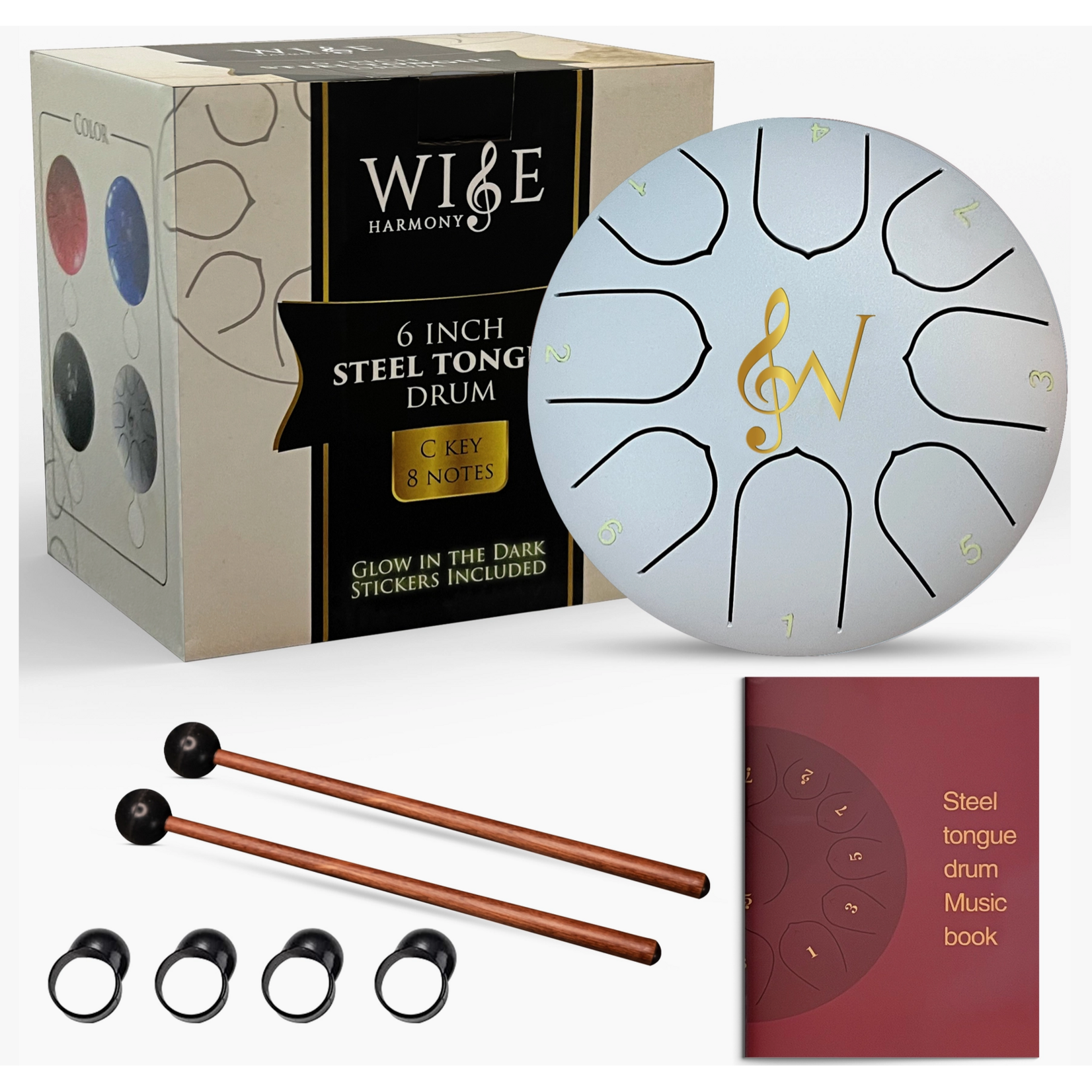 Wise Harmony Rain/Meditation Drum-6-Inch 8-Notes Steel Tongue - White