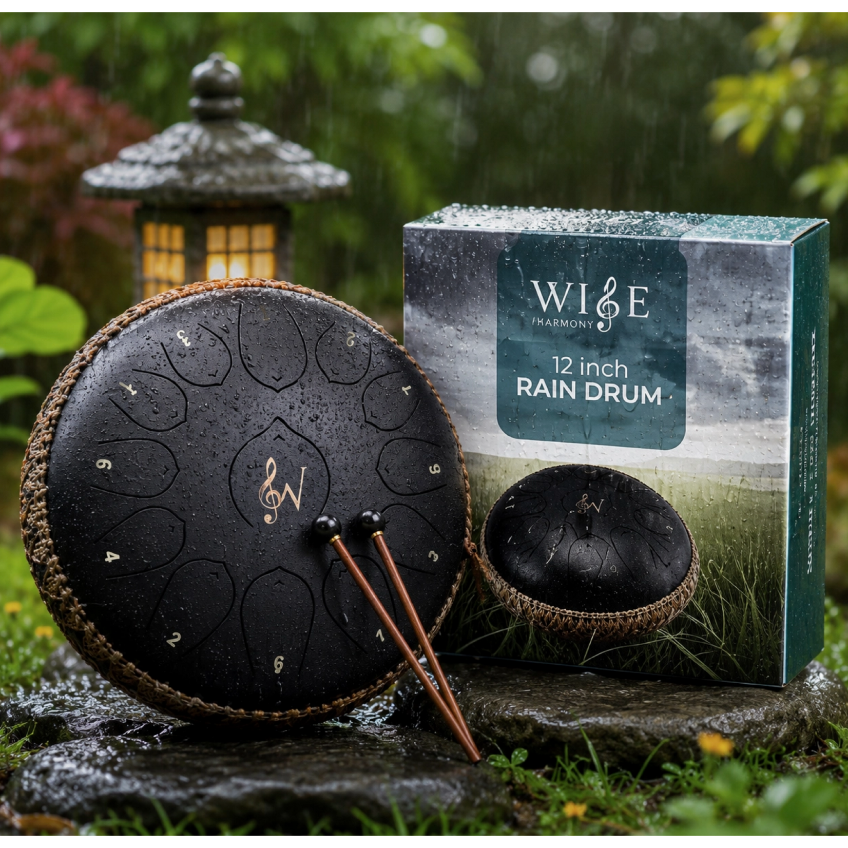 Wise Harmony Garden Rain Drum 12" –Black or Blue Decorative Steel Tongue Drum