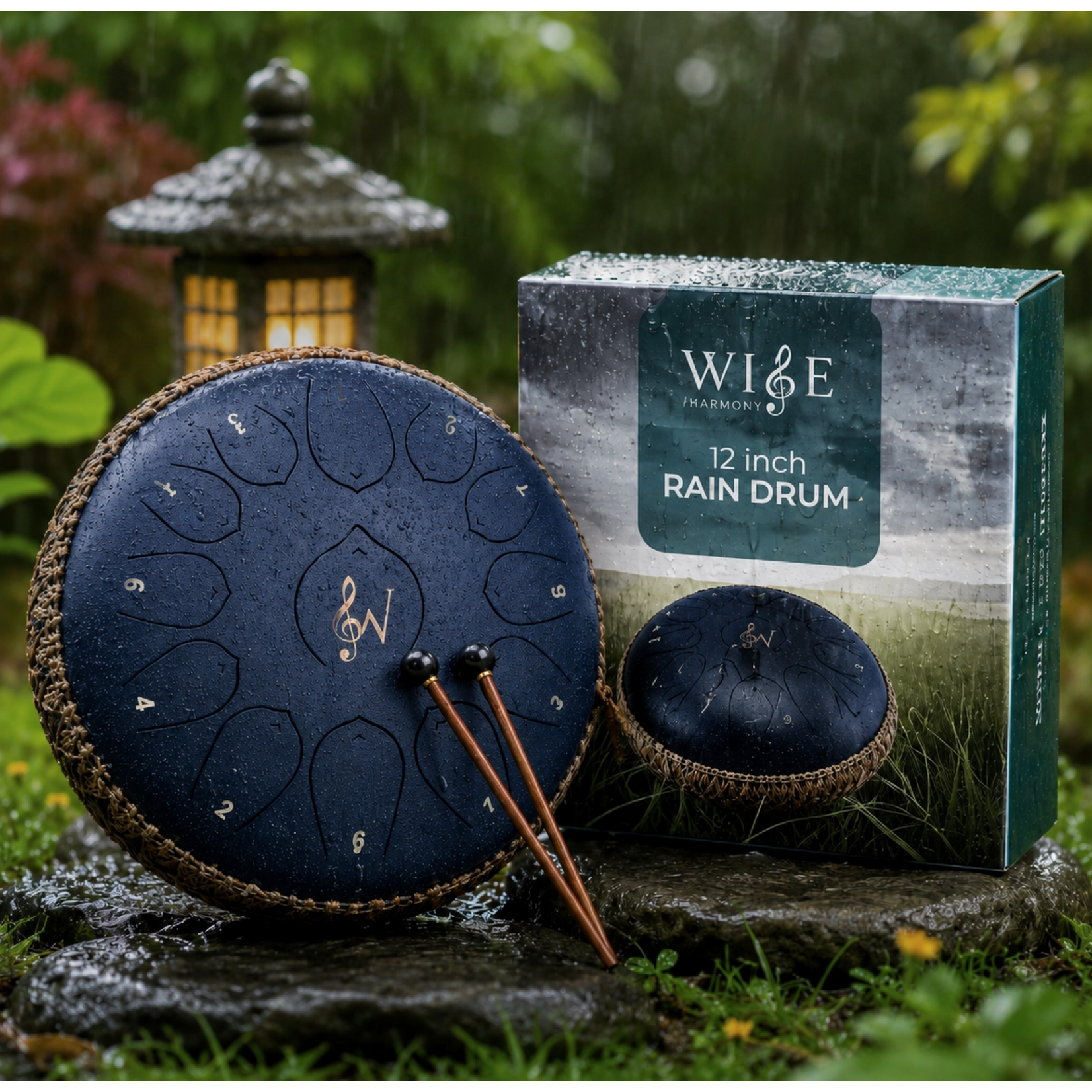 Wise Harmony Garden Rain Drum 12" –Black or Blue Decorative Steel Tongue Drum