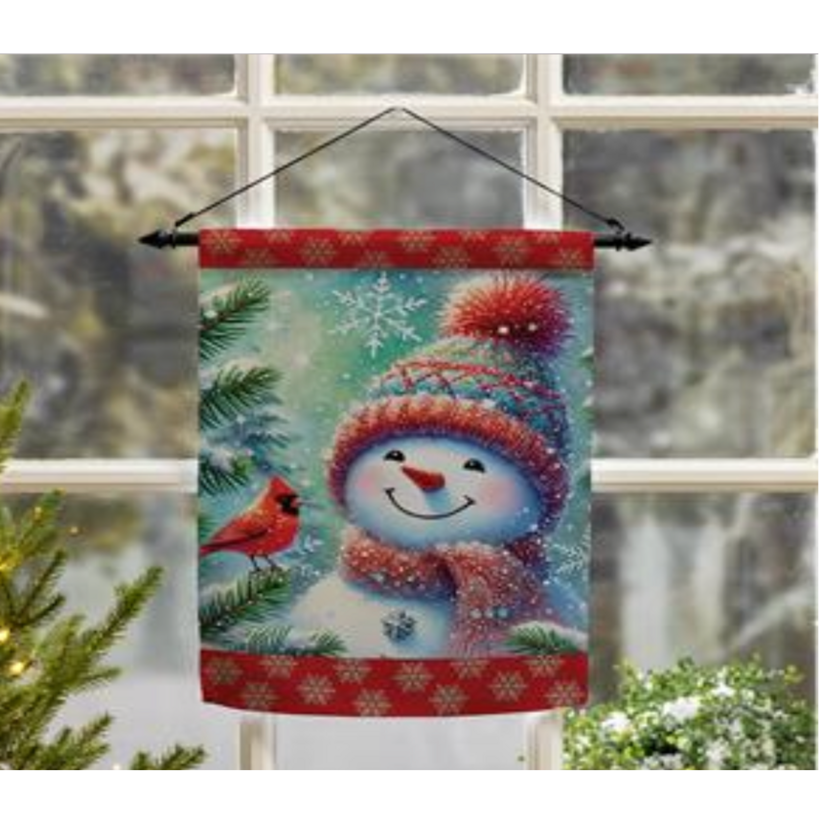 Snowman With Cardinal Friend Suede Garden Flag