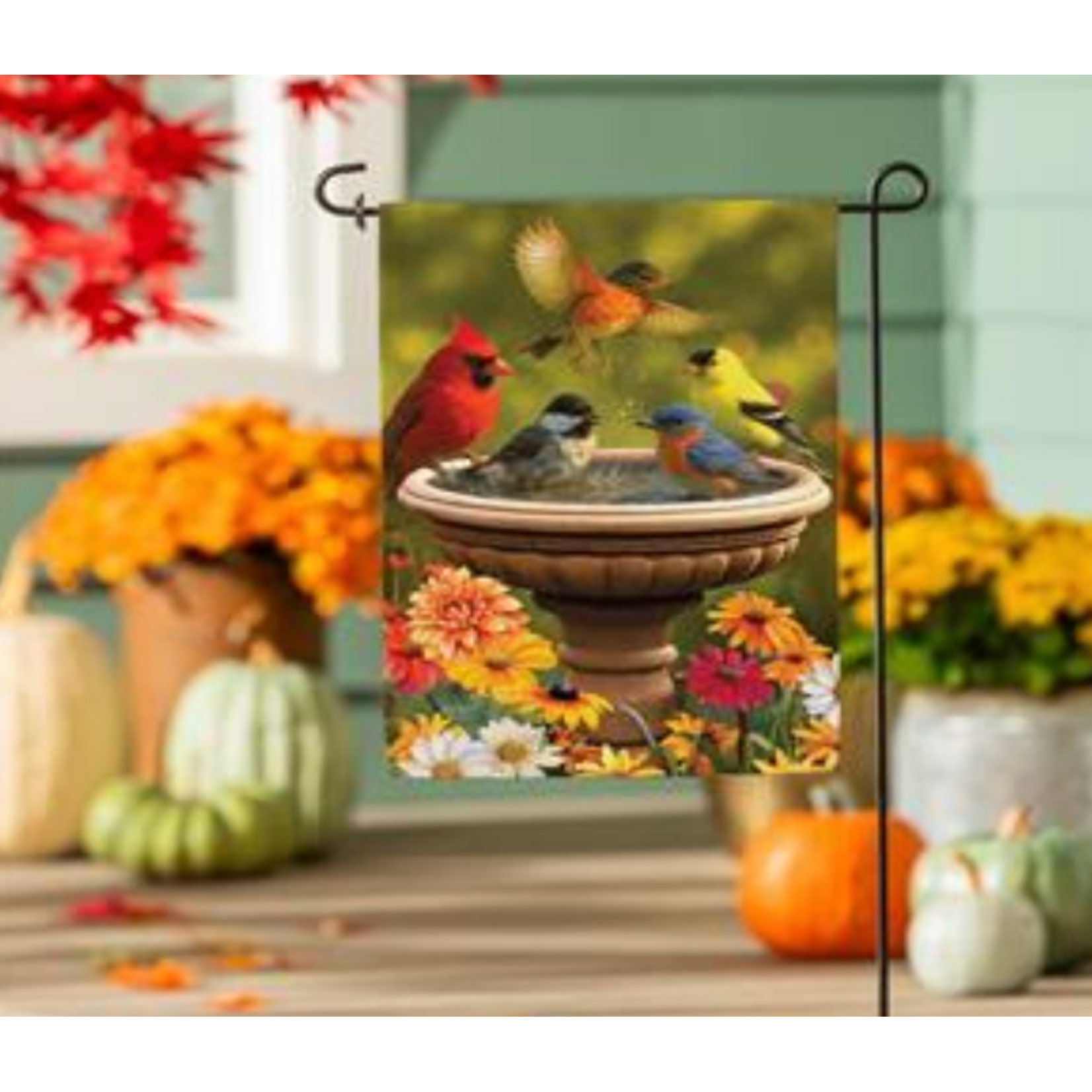 Bathing Birds Burlap Flag Garden