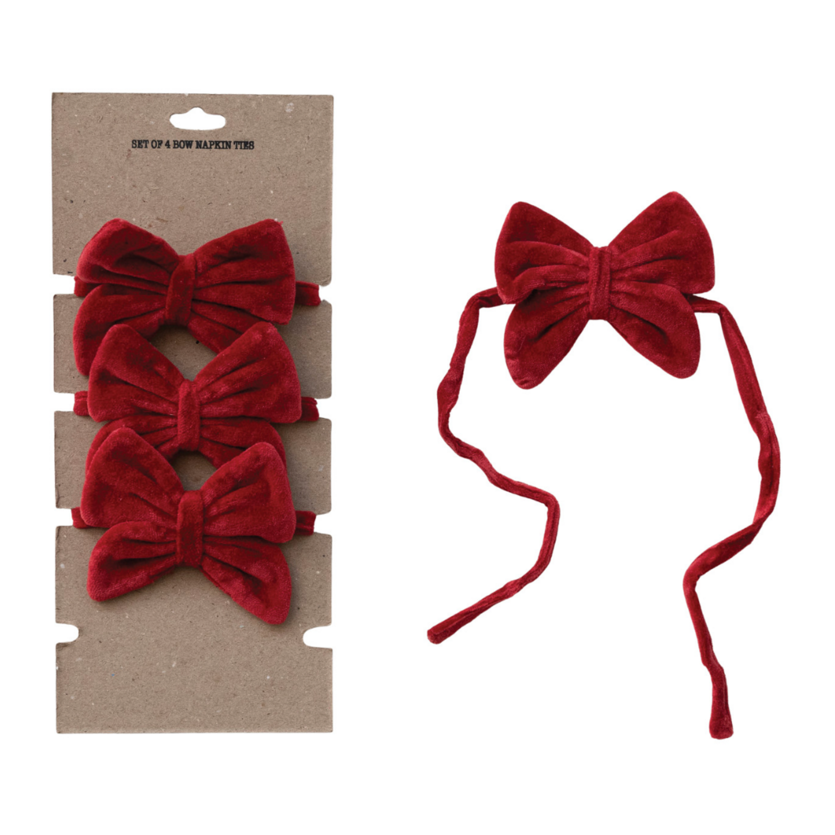 Creative Co-op Cotton Velvet Bow Napkin Ties, Red, Set of 4 on Card