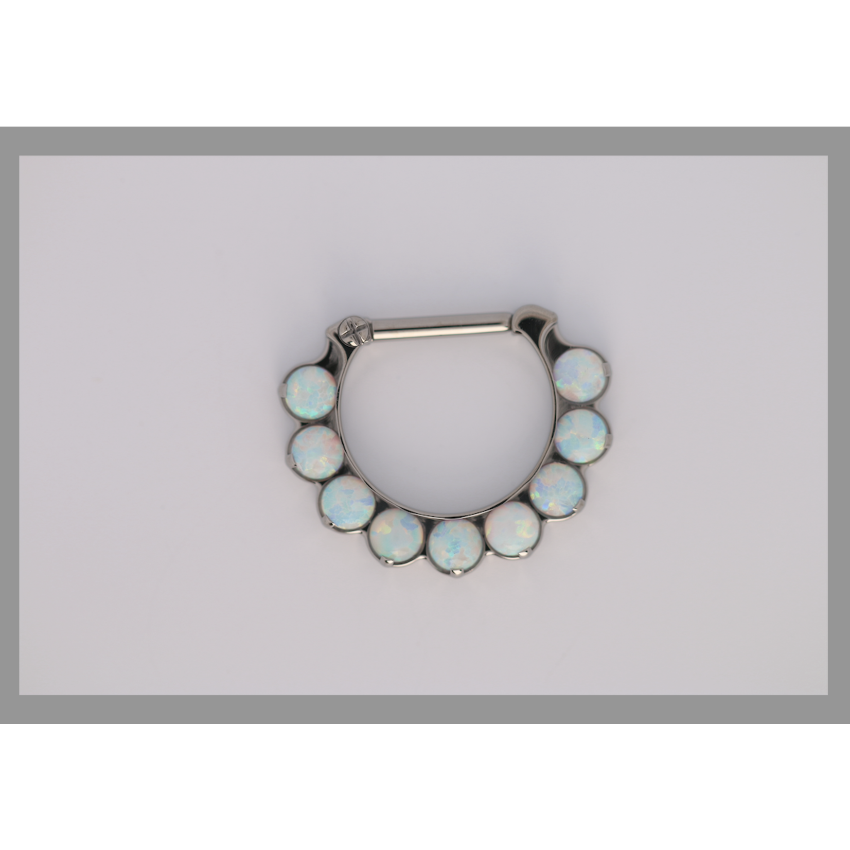 IS Body jewelry 16g 5/16 x 3/8 Odyssey Titanium prong set Cabochon 9 gem septum clicker White Opal