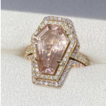Aura Gold 4.45 carat Morganite coffin gemstone, 14k yellow gold center ring, 14k rose gold contour rings, 1.05ct genuine VS diamonds