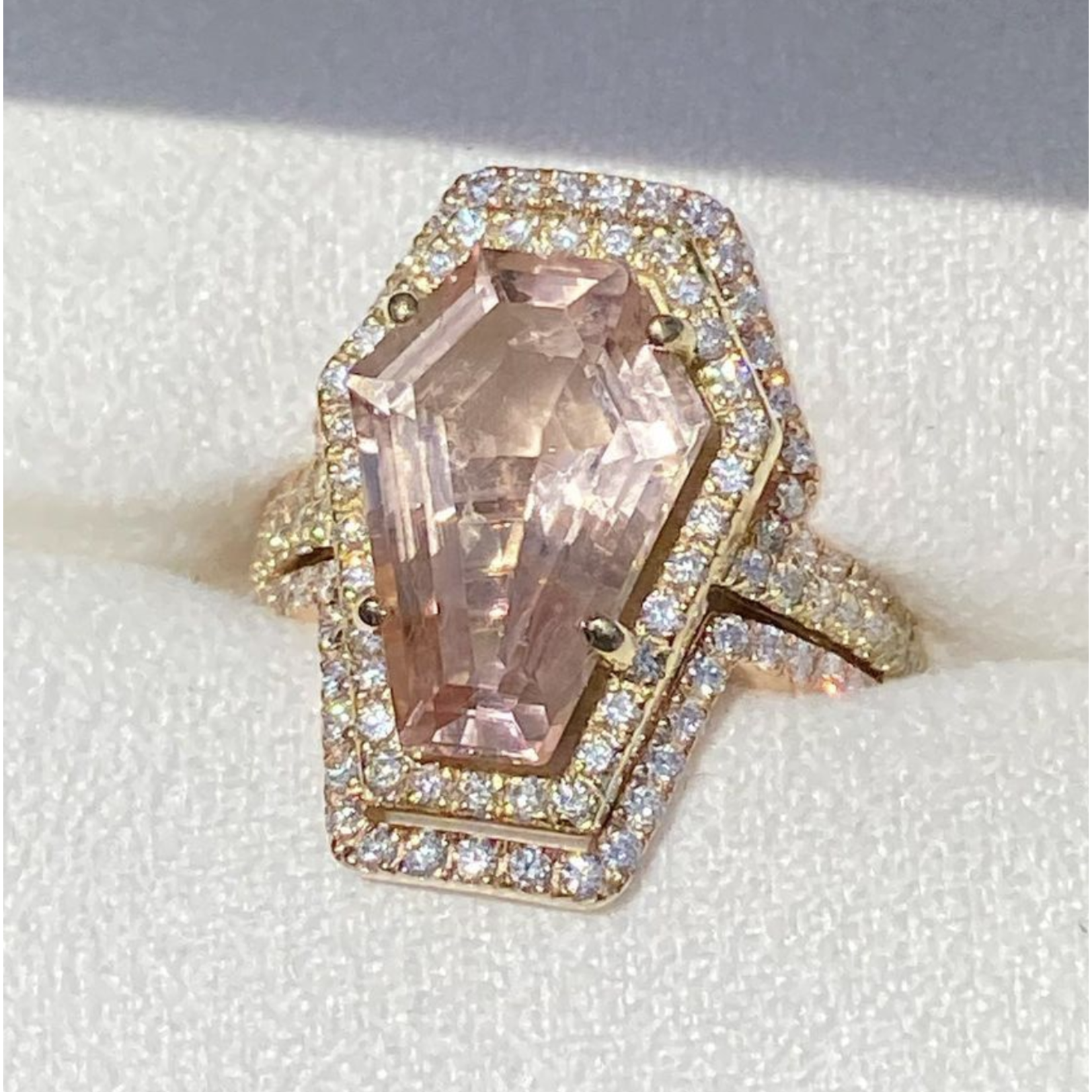 Aura Gold 4.45 carat Morganite coffin gemstone, 14k yellow gold center ring, 14k rose gold contour rings, 1.05ct genuine VS diamonds