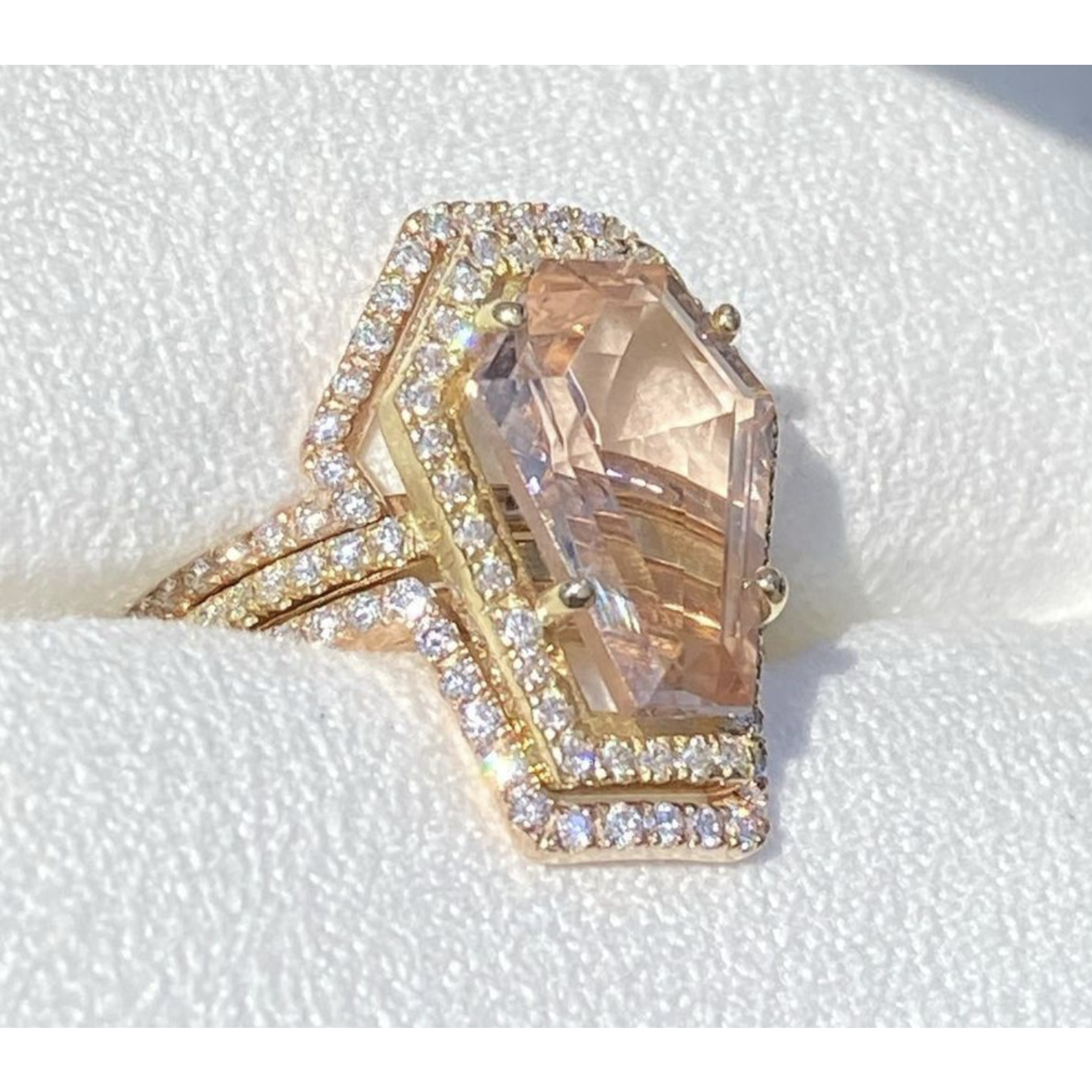 Aura Gold 4.45 carat Morganite coffin gemstone, 14k yellow gold center ring, 14k rose gold contour rings, 1.05ct genuine VS diamonds