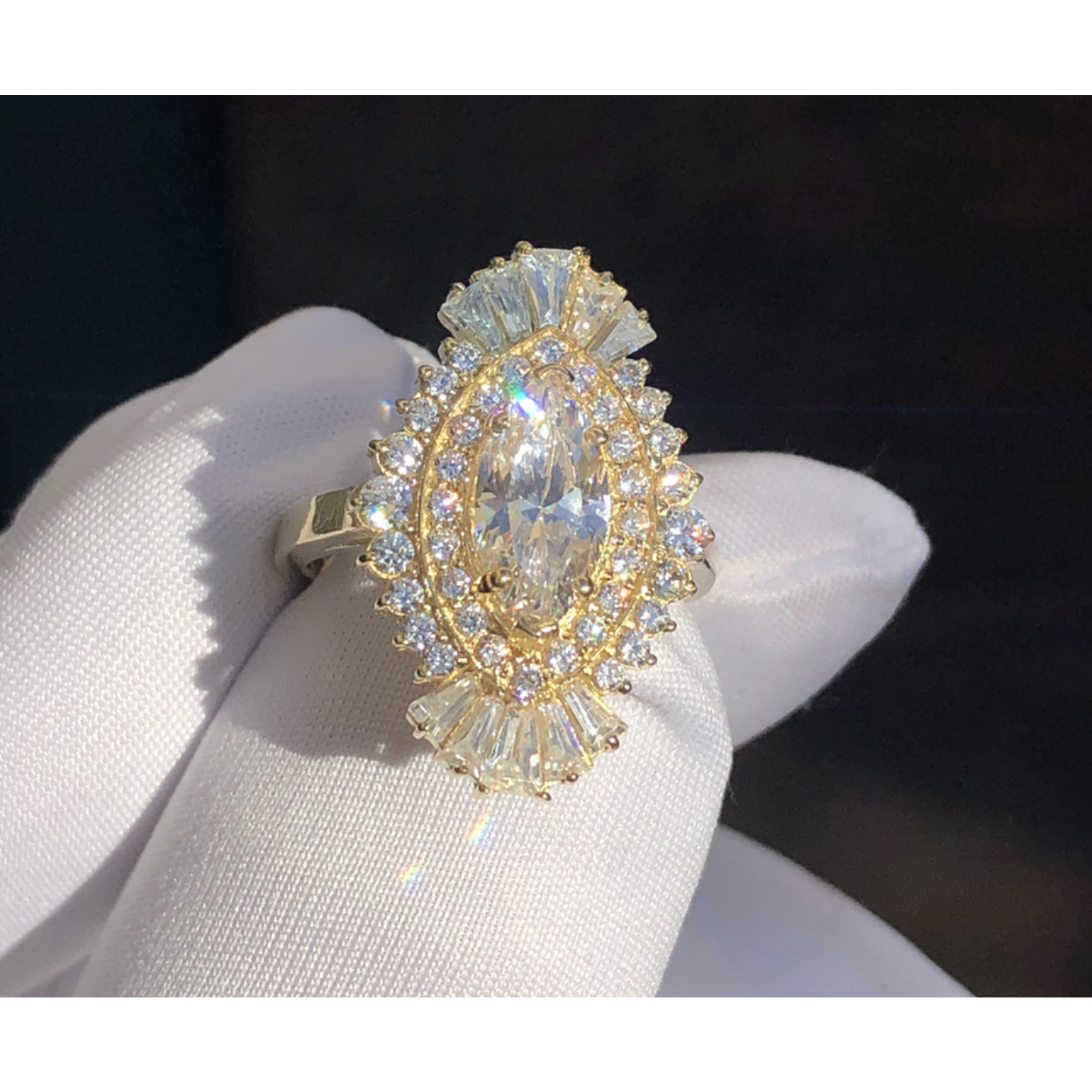 Aura Gold 14k yellow gold Art Deco ring with GIA 1.2ct Marquise color F, VS2