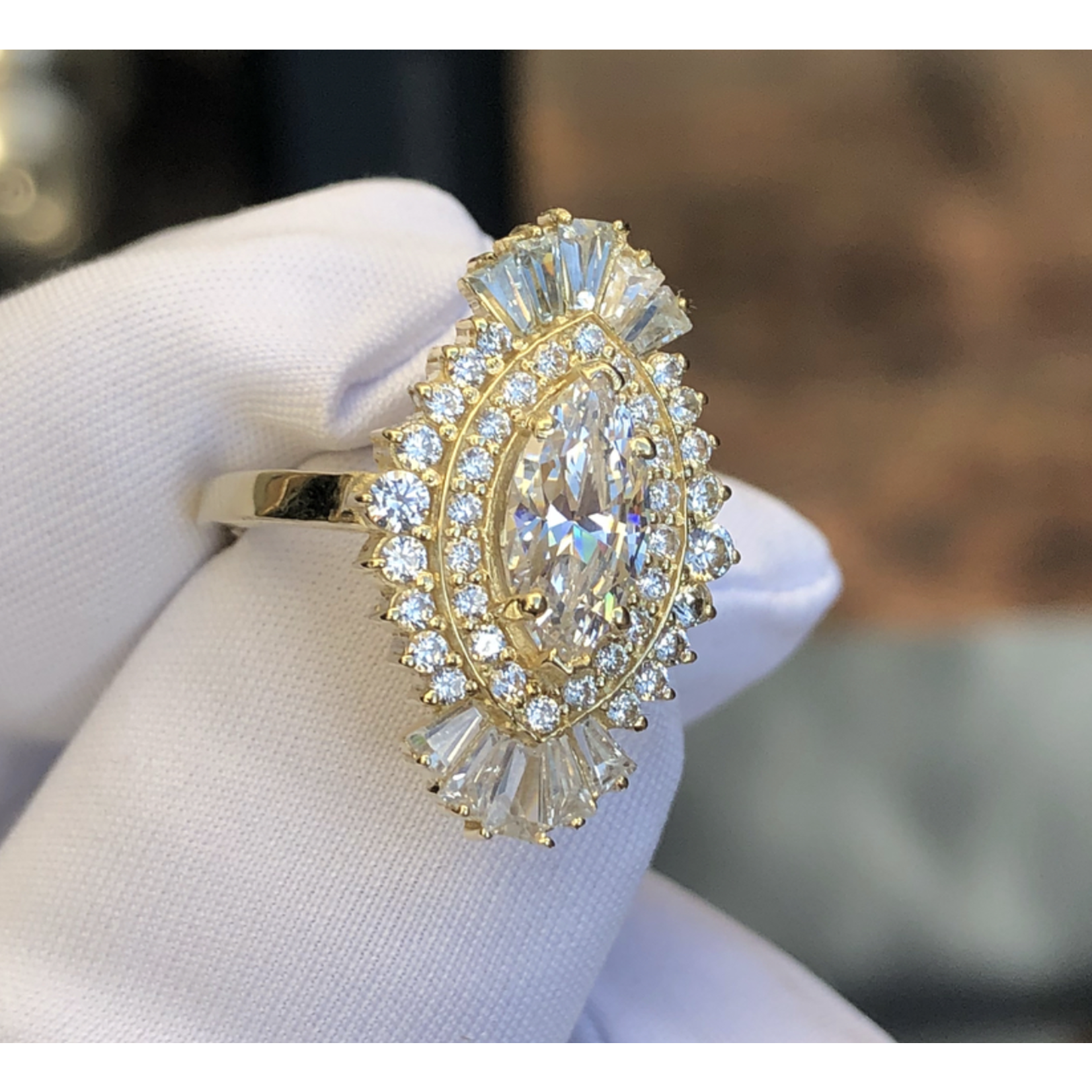 Aura Gold 14k yellow gold Art Deco ring with GIA 1.2ct Marquise color F, VS2