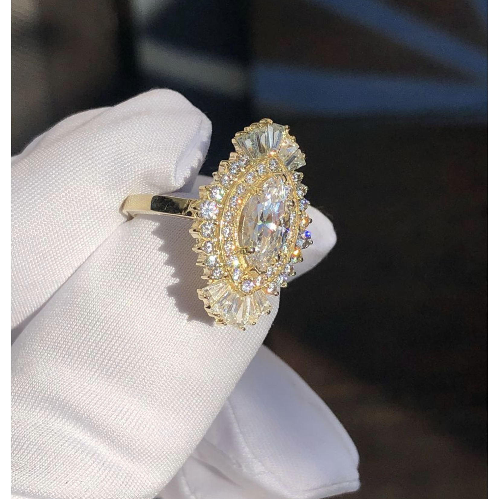 Aura Gold 14k yellow gold Art Deco ring with GIA 1.2ct Marquise color F, VS2