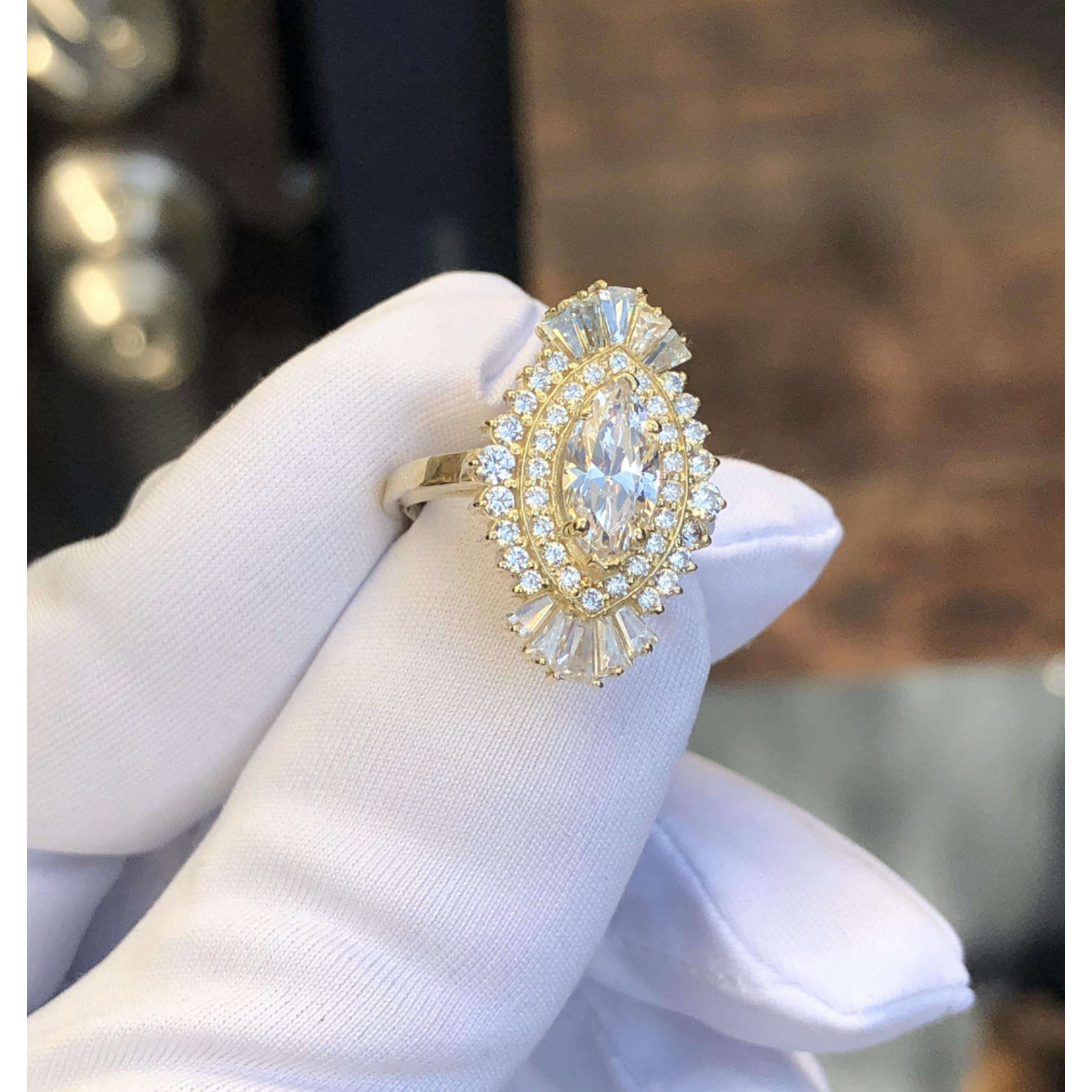 Aura Gold 14k yellow gold Art Deco ring with GIA 1.2ct Marquise color F, VS2