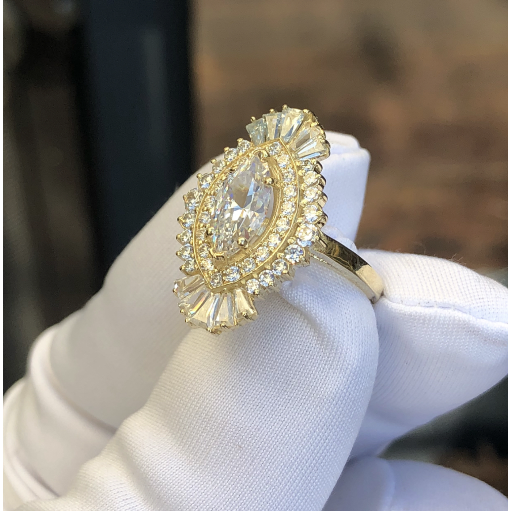 Aura Gold 14k yellow gold Art Deco ring with GIA 1.2ct Marquise color F, VS2