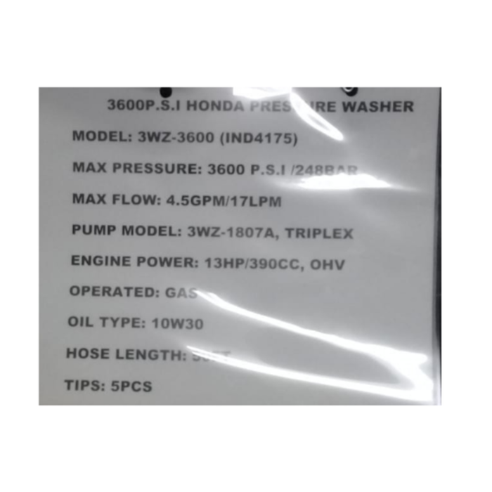 HONDA 3600 PSI GASOLINE PRESSURE WASHER (IND4175)