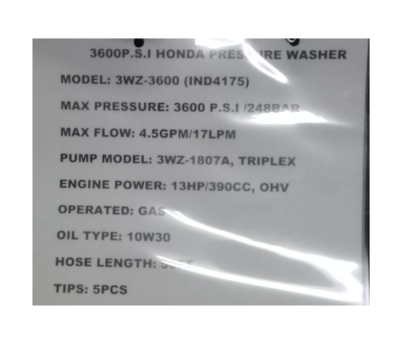 HONDA 3600 PSI GASOLINE PRESSURE WASHER (IND4175)