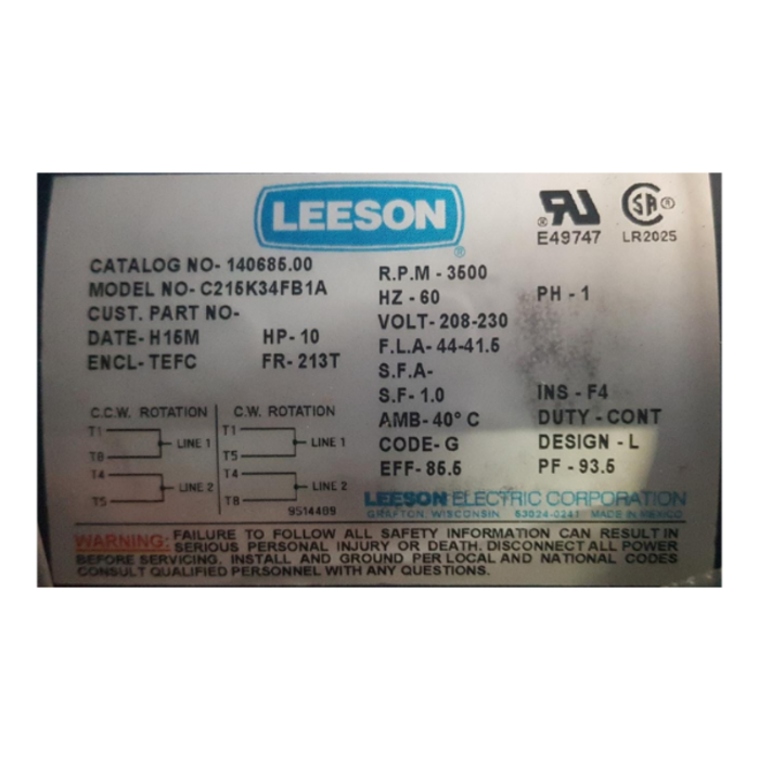 LEESON IND5359 MOTOR/ELE. 10HP LEESON 3450RPM