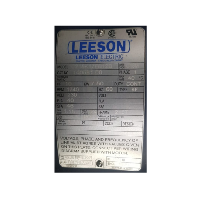 LEESON IND5365 MOTOR/LESSON 10HP 1740RPM 140581