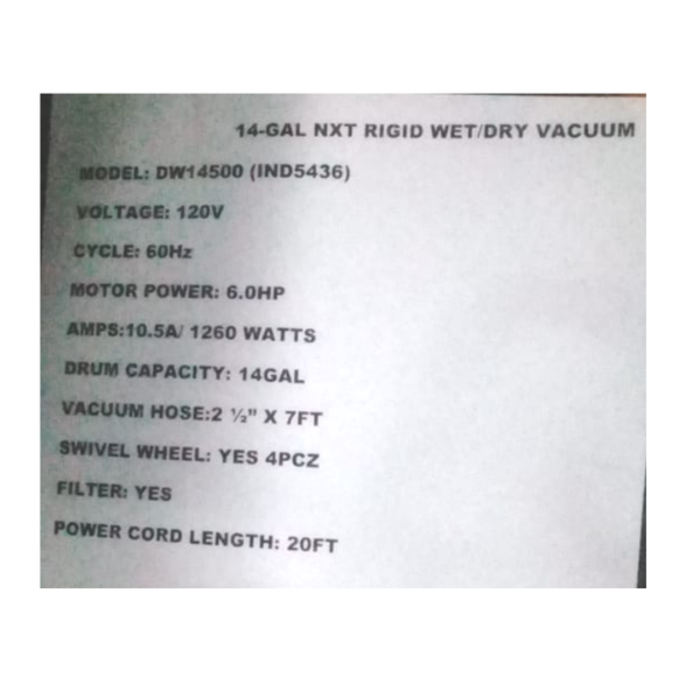 RIDGID IND5436 VACUUM-RIGID 14 GAL. WET & DRY WITH AUTO DETAIL KIT WD1450
