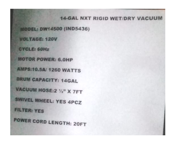 RIDGID VACUUM (IND5436)