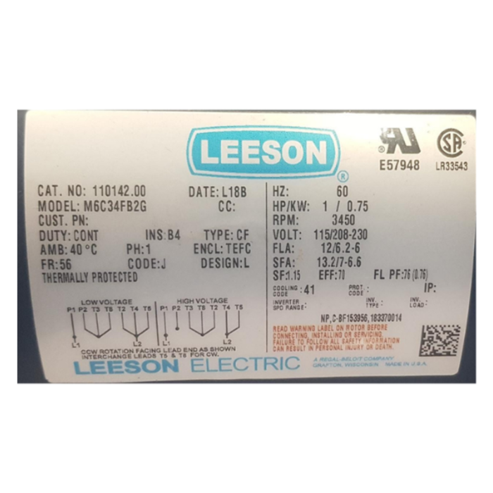 LEESON IND5445 MOTOR/LESSON 1HP 3450RPM 110142