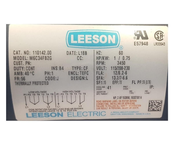 LEESON IND5445 MOTOR/LESSON 1HP 3450RPM 110142--WNR