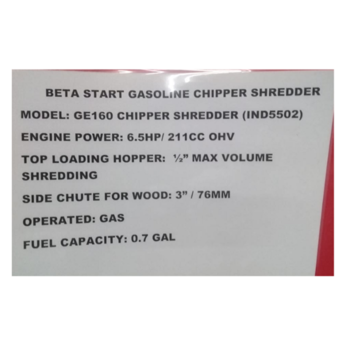 BETA STAR IND5502 CHIPPER/SHREDDER W/BETA STAR GE160 ENGINE-WNR