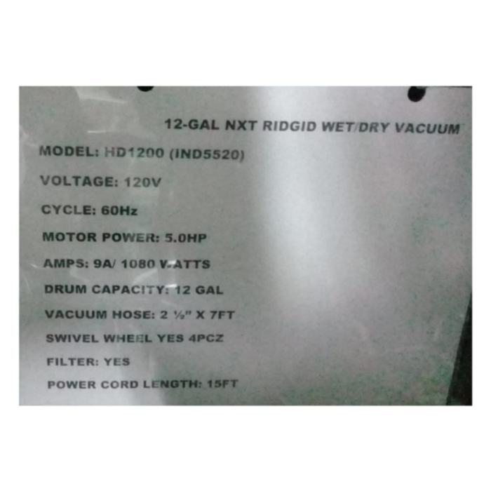 RIDGID IND5520 VACUUM-RIGID 12 GAL. WET & DRY HD1200