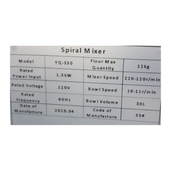 IRON CAPTAIN IND5584 SPIRAL MIXER YQ-S30 110V 60HZ