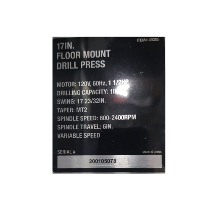 KLUTCH IND9711 KLUTCH DRILL/PRESS 17"FLOOR MOUNT #49385 1 1/2HP