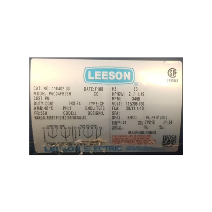 LEESON IND9974 2 HP, 3450RPM LEESON MOTOR, 110/220 VOLTS 110402