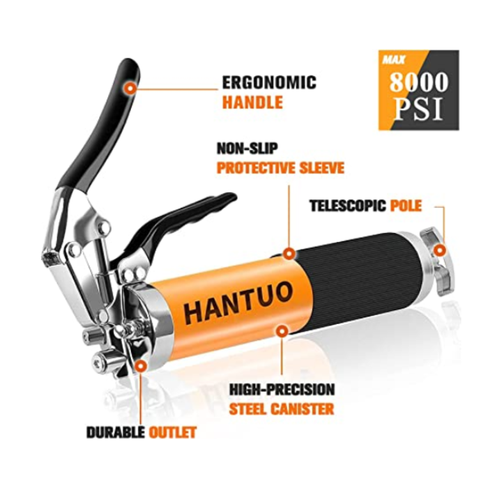 HANTUO HAR9180 HANTUO GREASE GUN 8000 PSI WITH 14 OZ LOAD, 12" FLEX HOSE- 555140