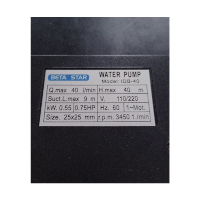 BETA STAR IND5549 PUMP/WATER IDB40 1HP 220v 60HZ 3450RPM 45M DOMESTIC/HOME