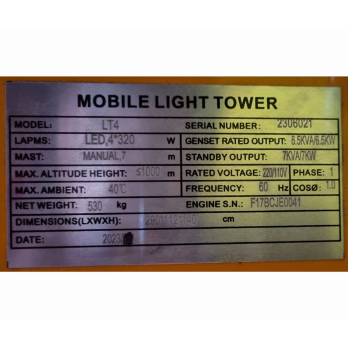 BETA STAR IND5811 4* 1000W LED LIGHT TOWER, WITH DIESEL ENGINE 192F, 6.6kW