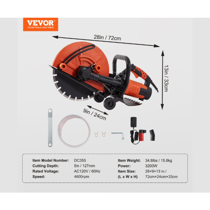 VEVOR IND5851 VEVOR ELECTRIC CONCRETE SAW, 14 IN 3200W  DC355-D/S