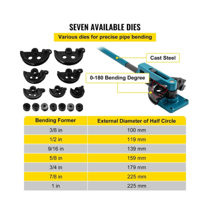VEVOR HAR9477 VEVOR MANUAL PIPE  BENDER- 3/8 - 1" 7 DIES #SWG-25 25KG